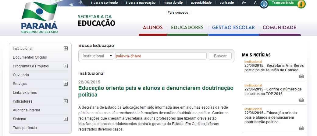Reprodução página oficial da Secretaria da Educação do Paraná.
