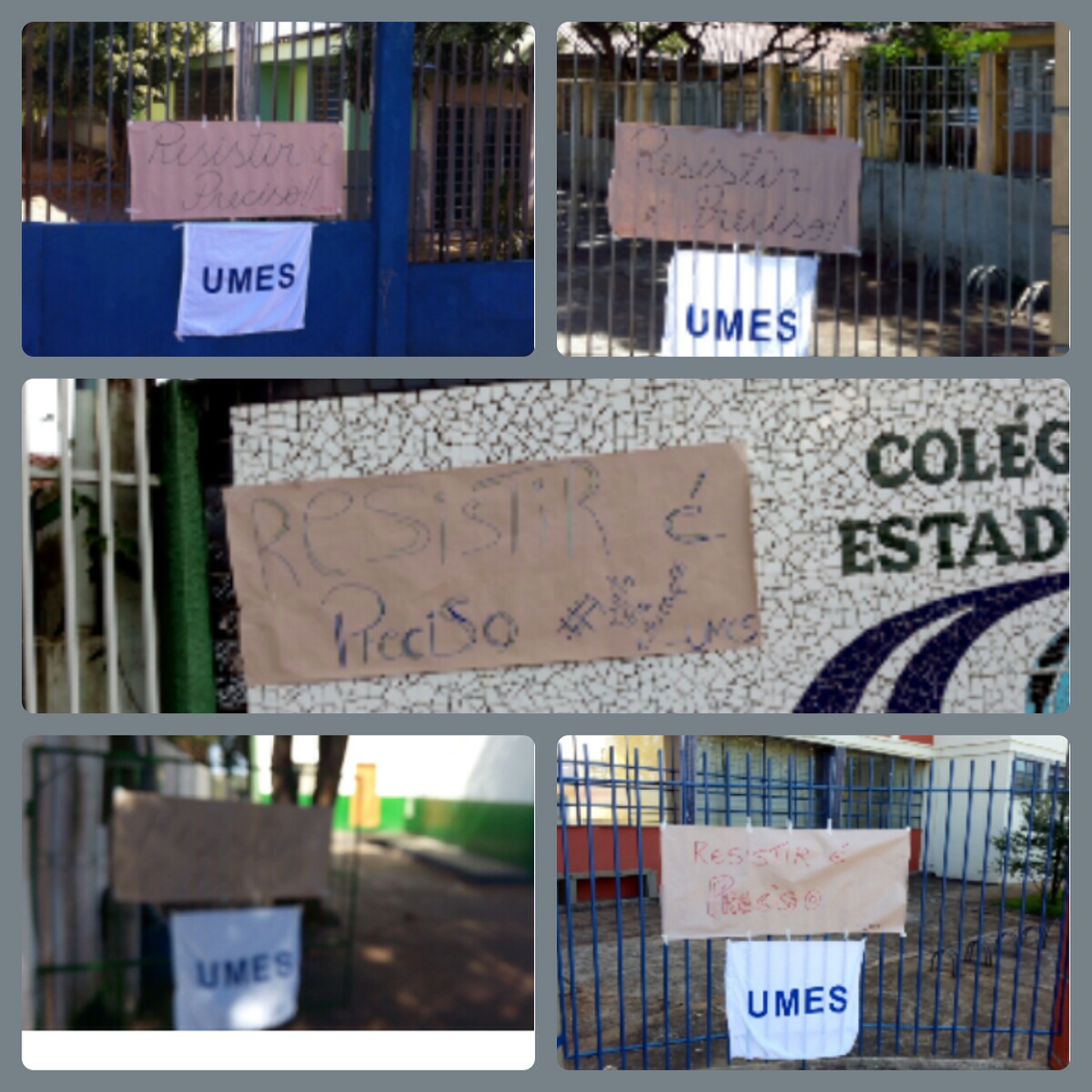 Foto com os cartazes em frente aos colégios de CM.