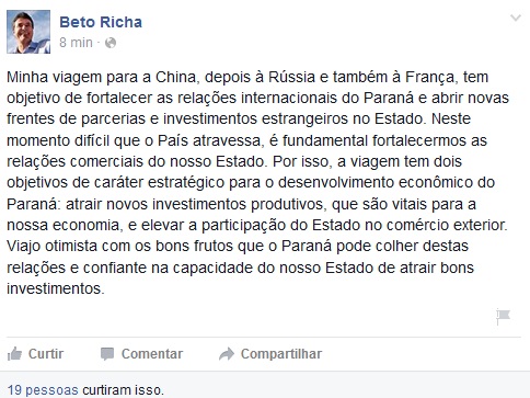 Reprodução Facebook Beto Richa