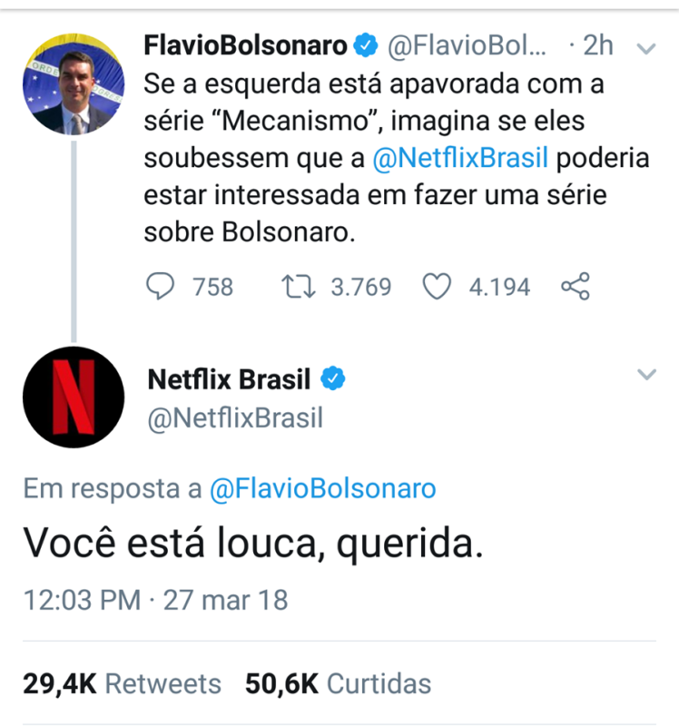 Netflix dá resposta irônica para Flávio Bolsonaro no Twitter
